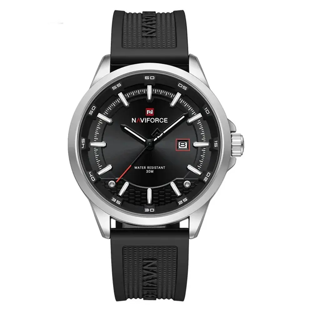 Naviforce NF9248T Waterproof Comfortable Silicone Strap Quartz Sports Men's Watch – Dial Color: Silver, Strap Color: Black – View 1